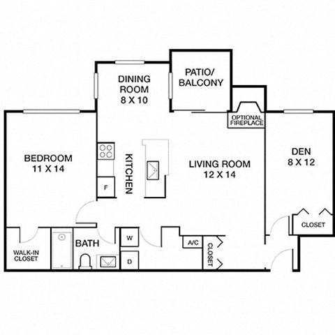 Floor plan for 1 bed, 1 bath, 835 sqft